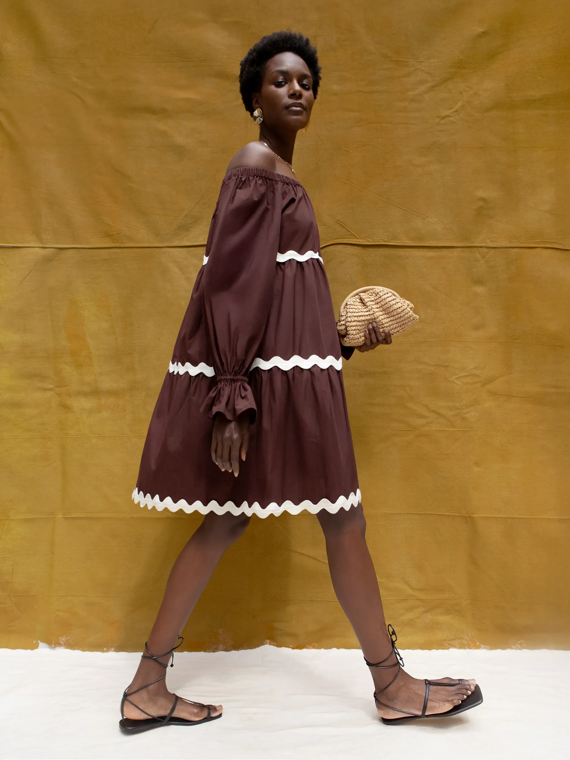 Brown Bardot Contrast Trim Dress