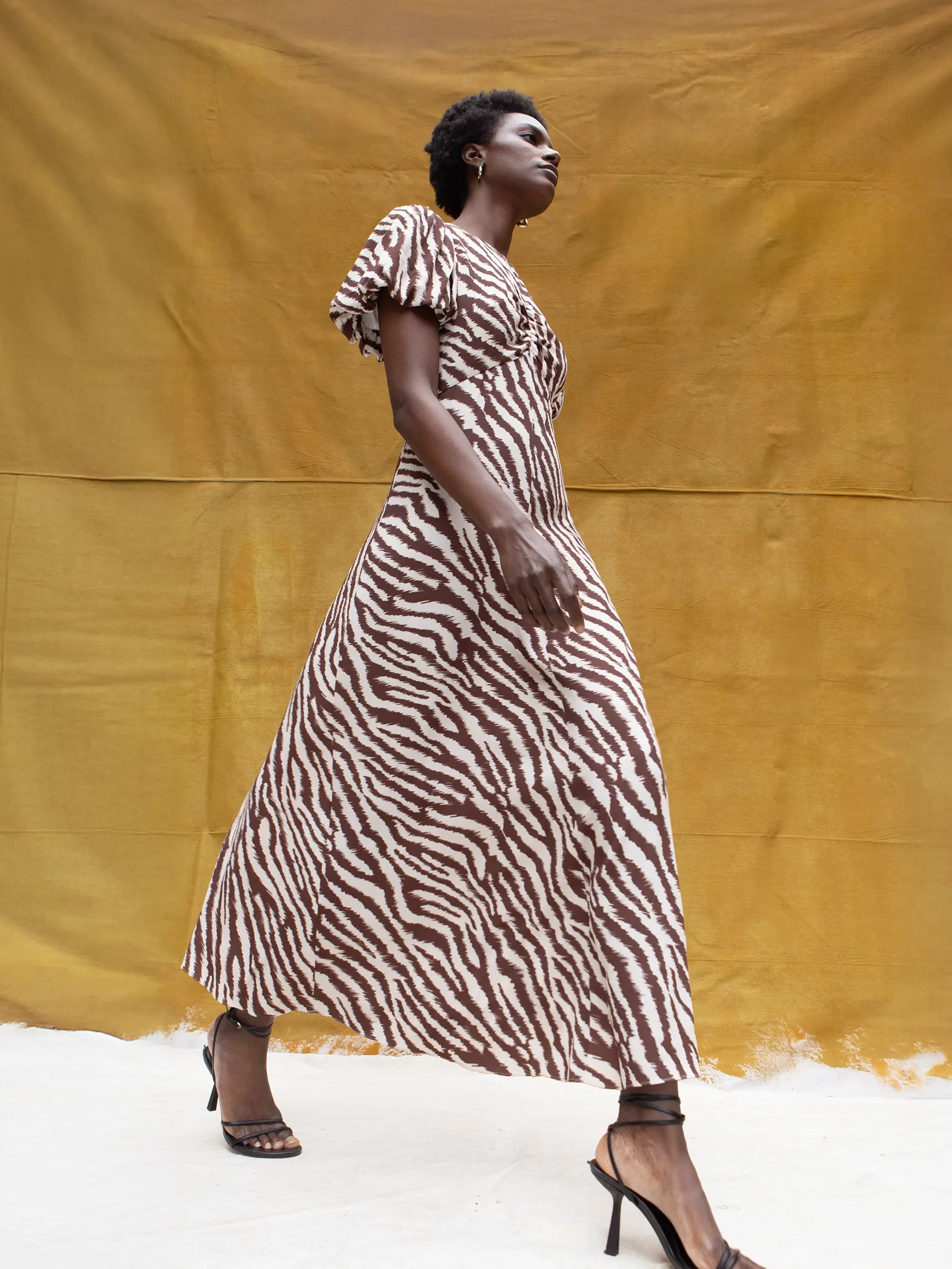 Brown Zebra Print Puff Sleeve Dress