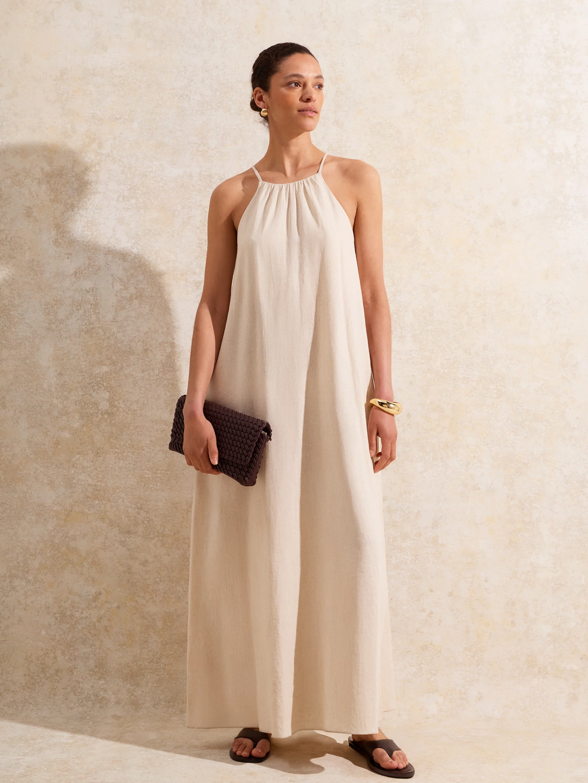Ecru Tie-Detail Linen-Blend Maxi Dress