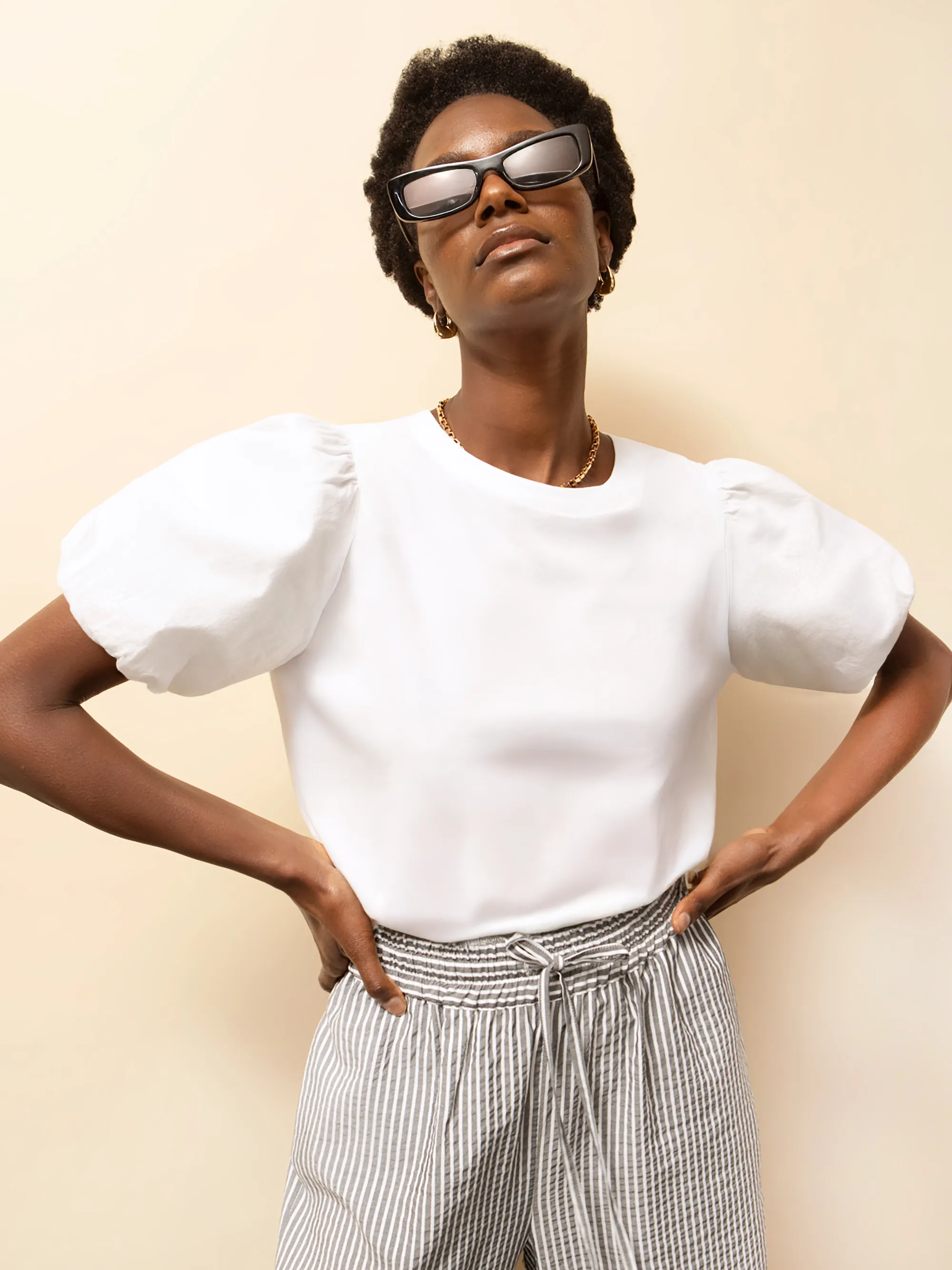 White Pure Cotton Puff-Sleeve T-Shirt