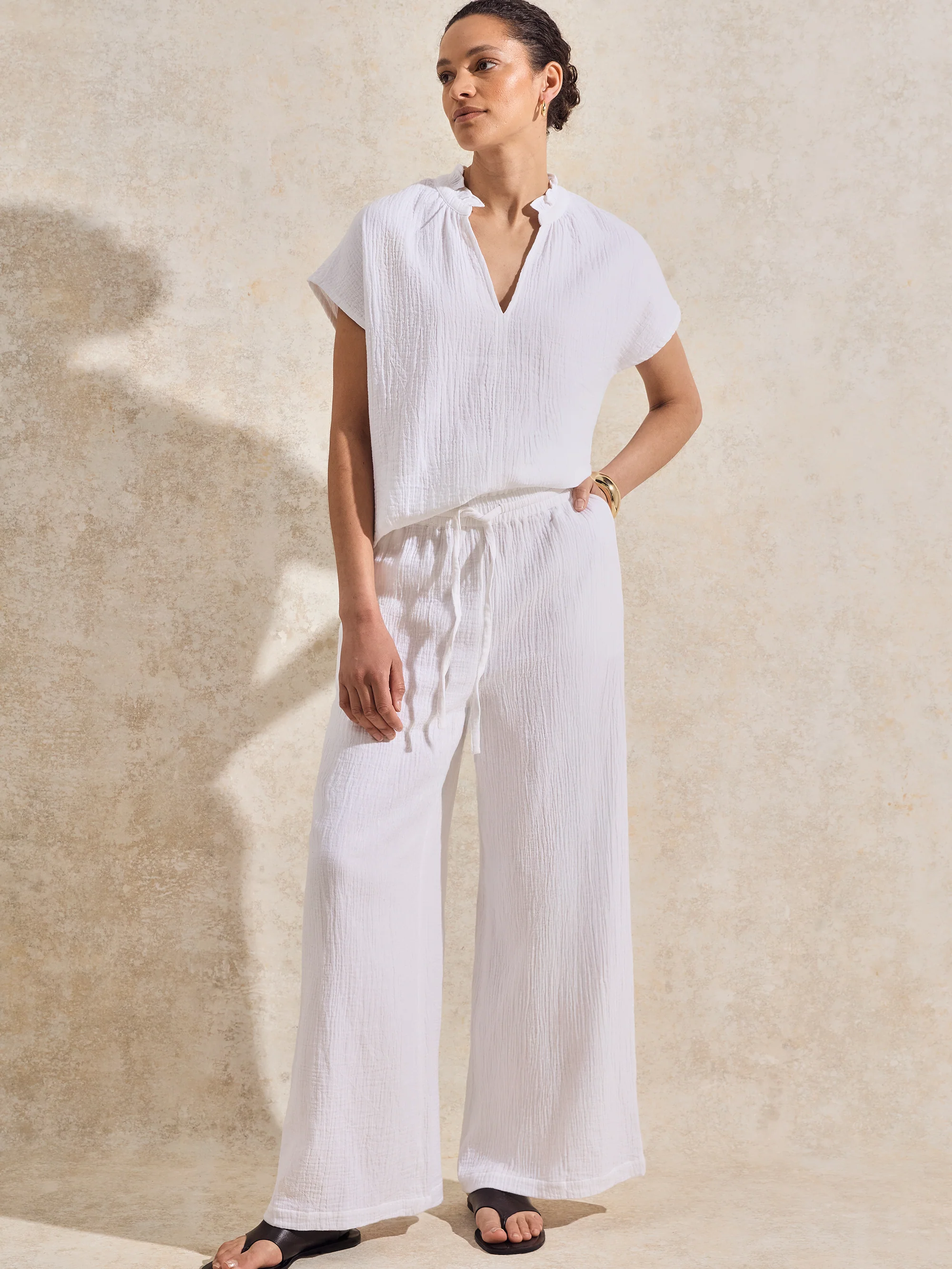 Petite White Cheesecloth Wide-Leg Trousers