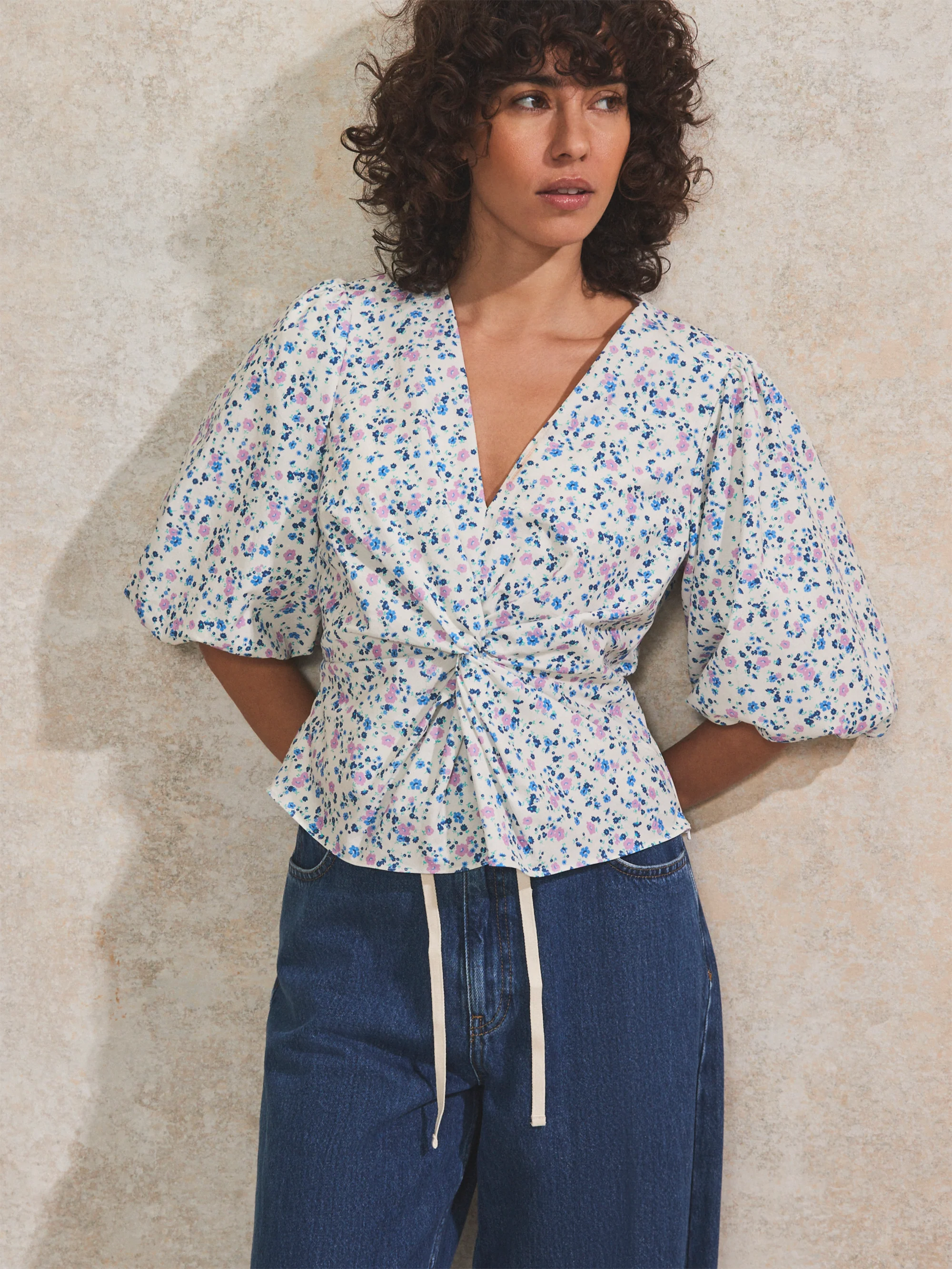 Ivory Ditsy-Print Twist-Front Blouse