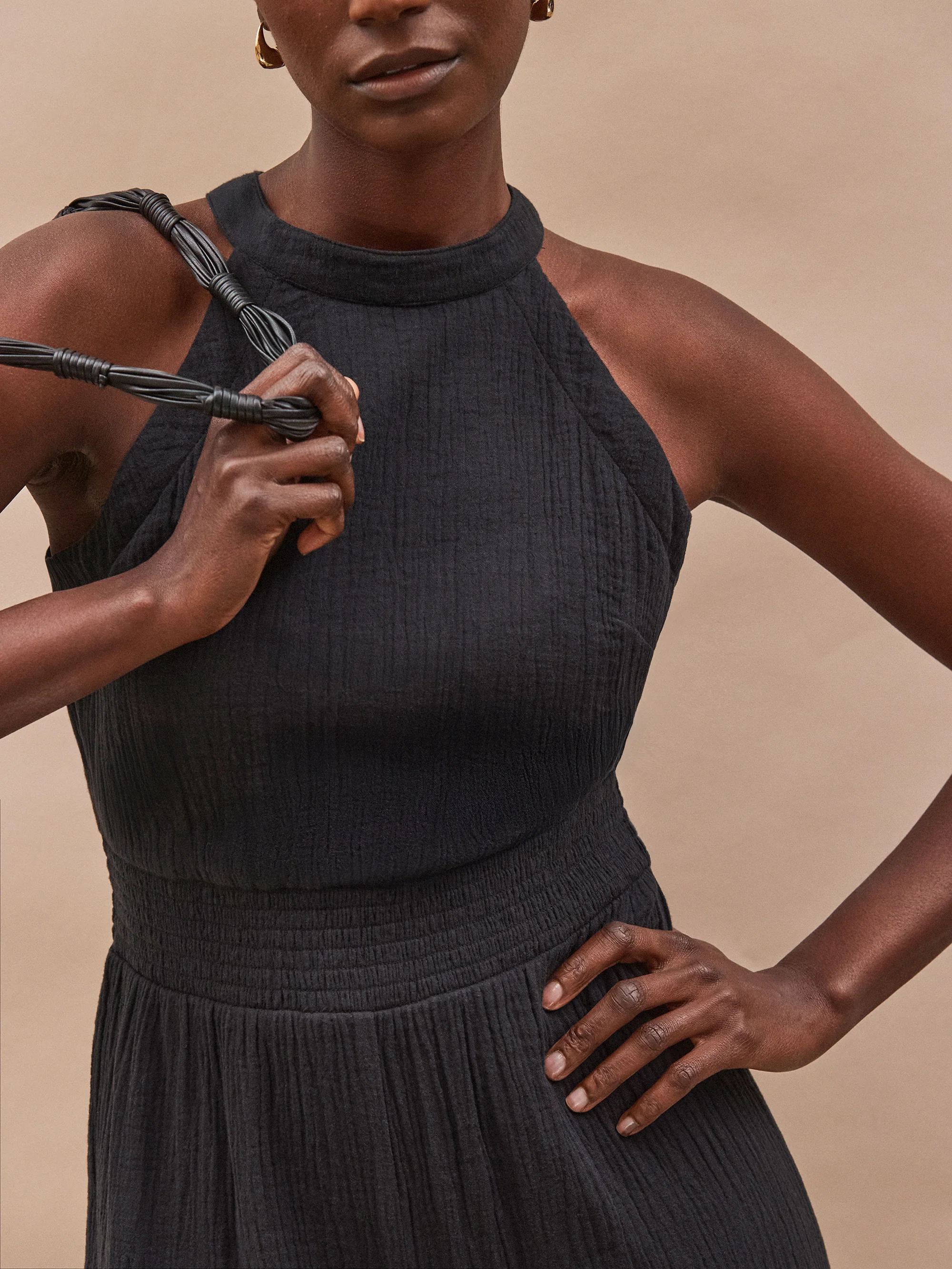 Black Shirred Waist Cheesecloth Jumpsuit