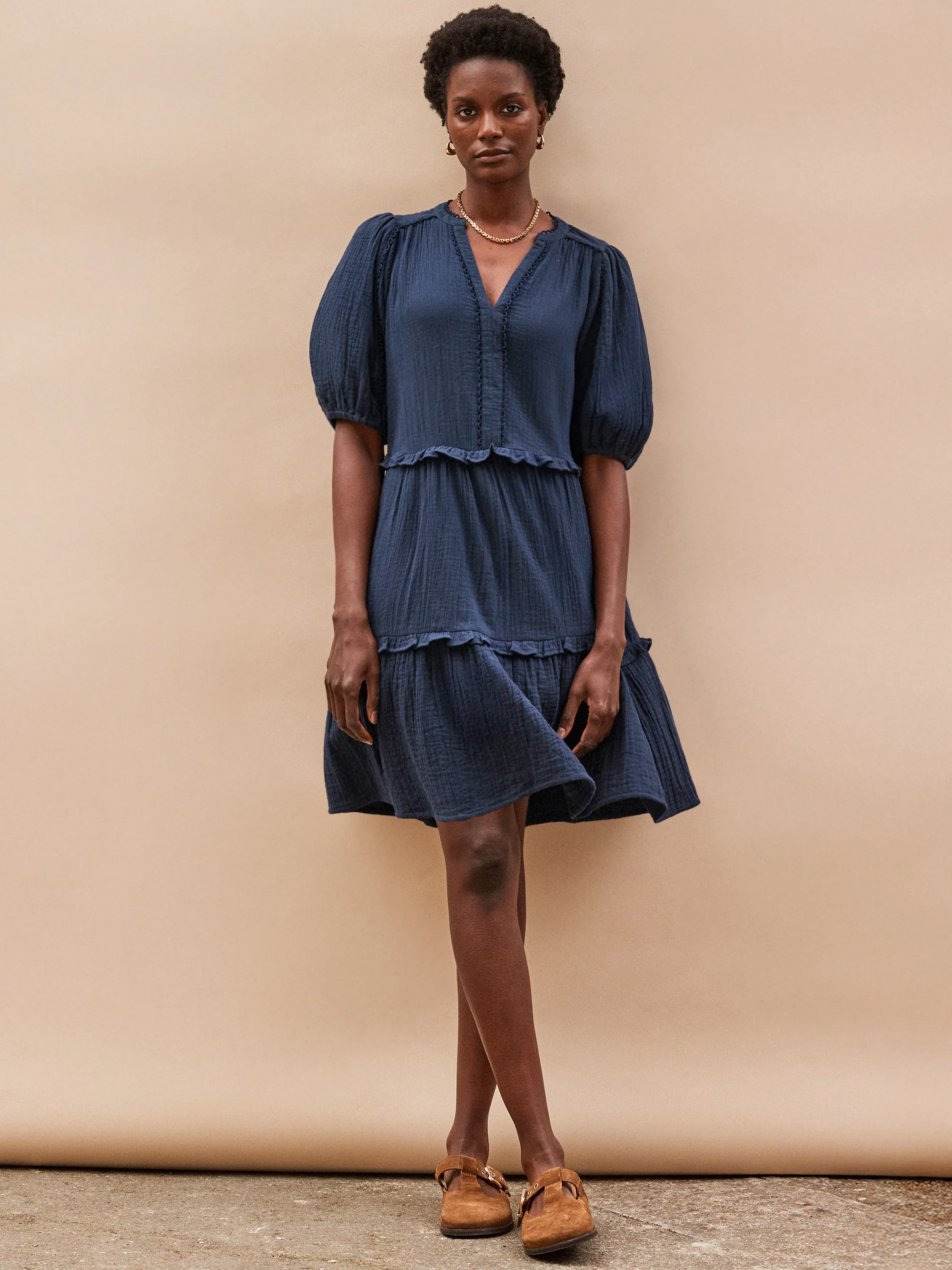 Navy Frill-Detail Cheesecloth Mini Dress