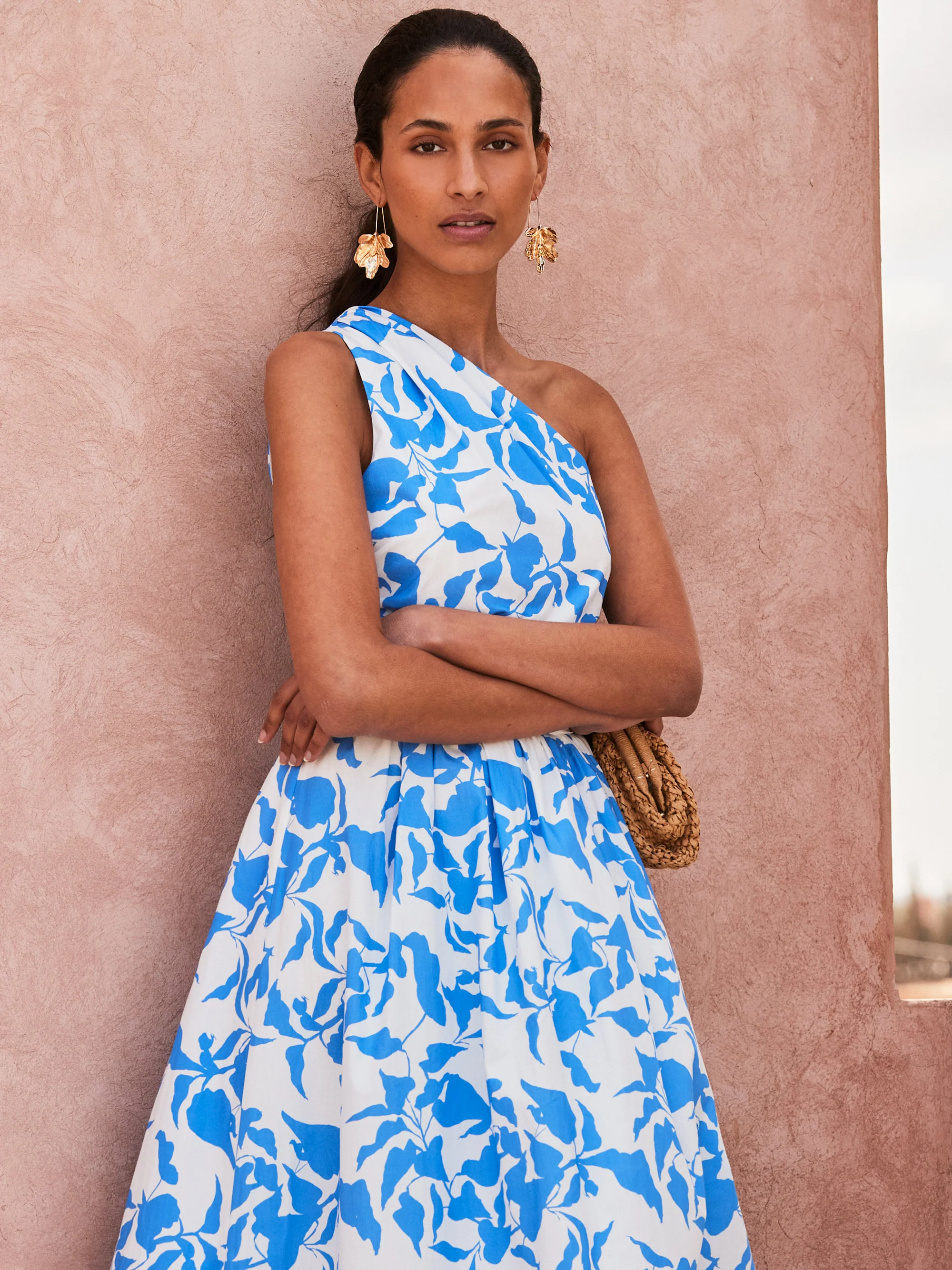 Aubrey Blue Leaf-Print One-Shoulder Dress