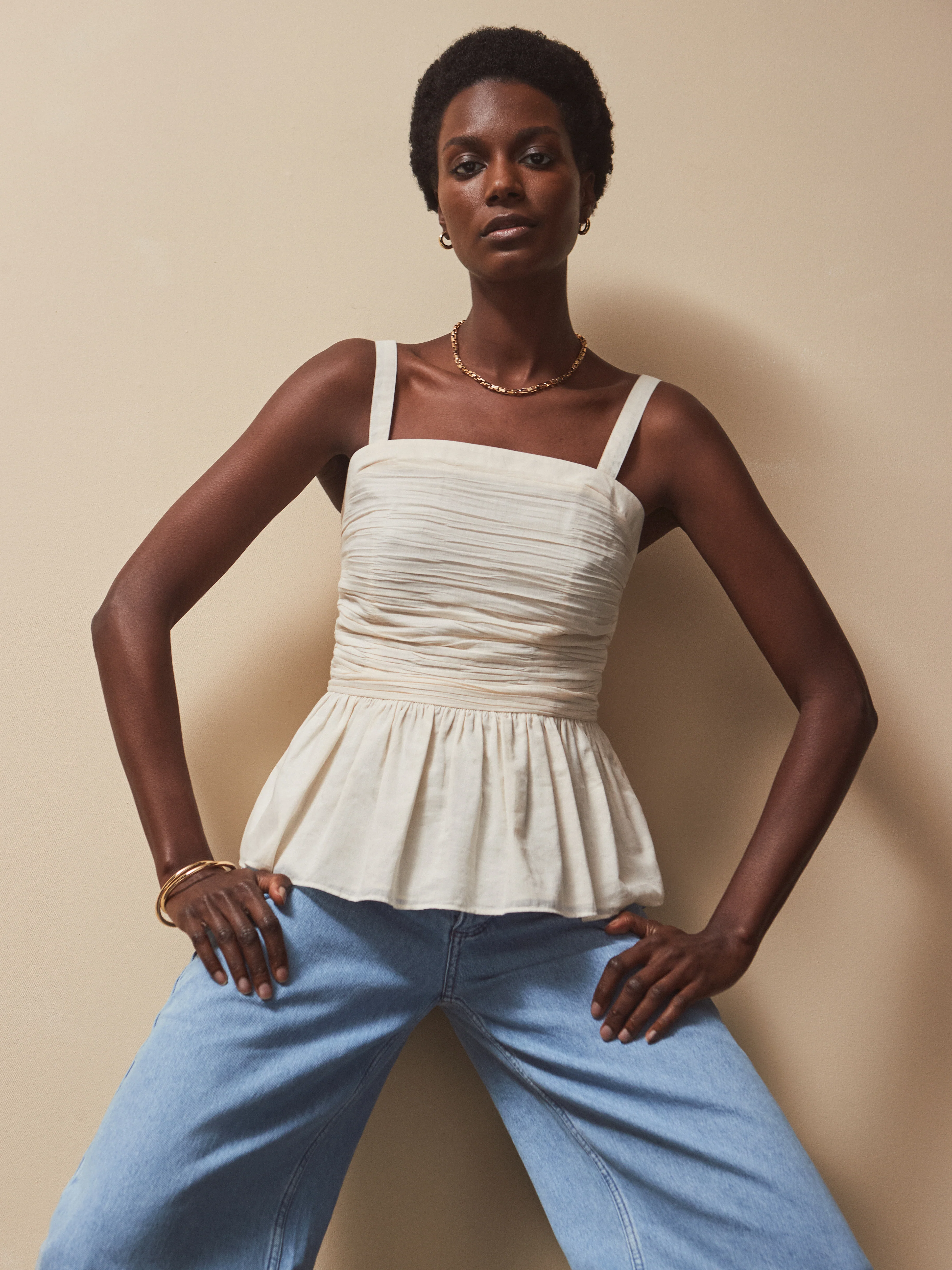 Multi-Way Cream Cotton Ruched Peplum Top