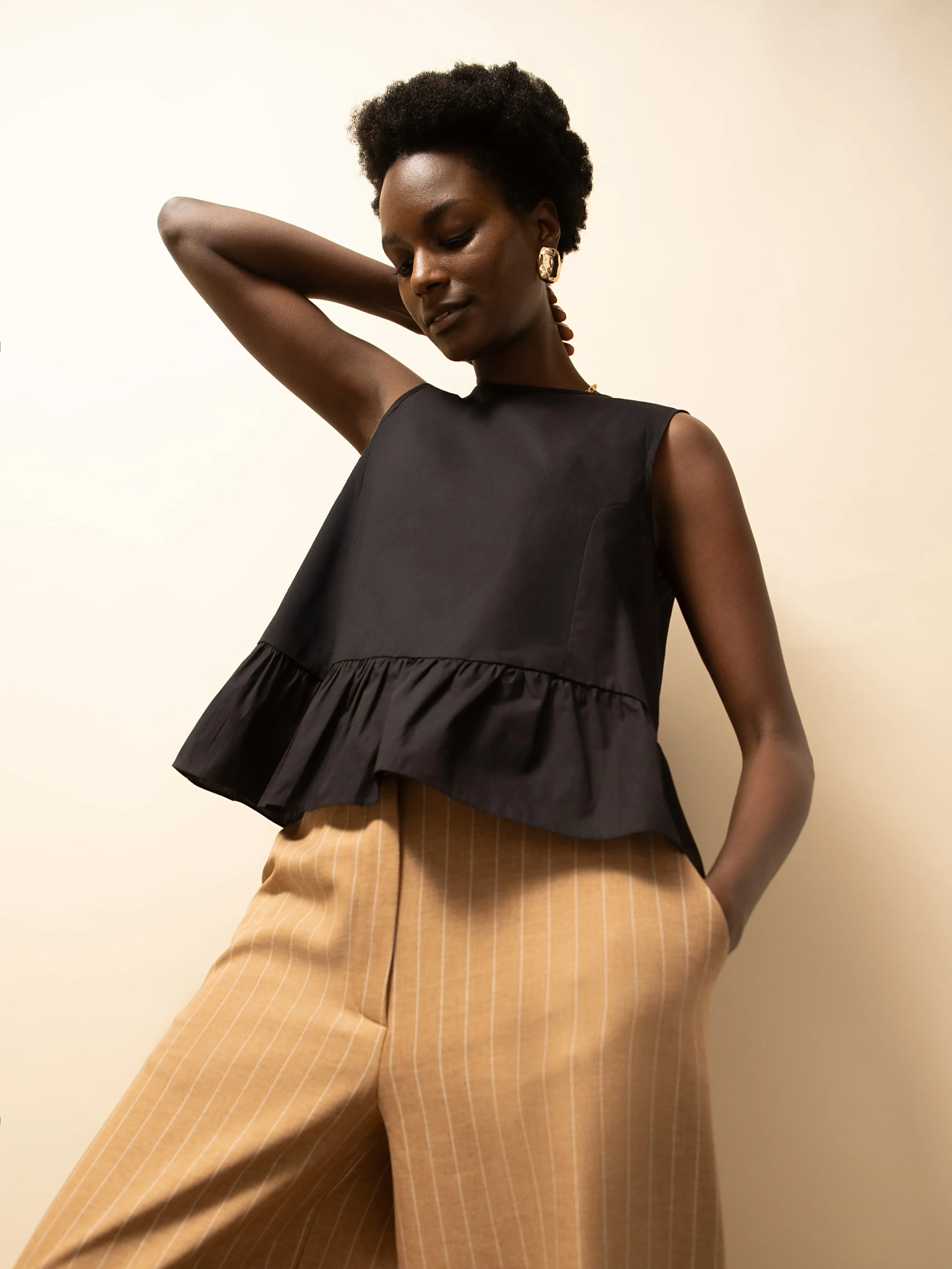 Black Frill Hem Cotton Top