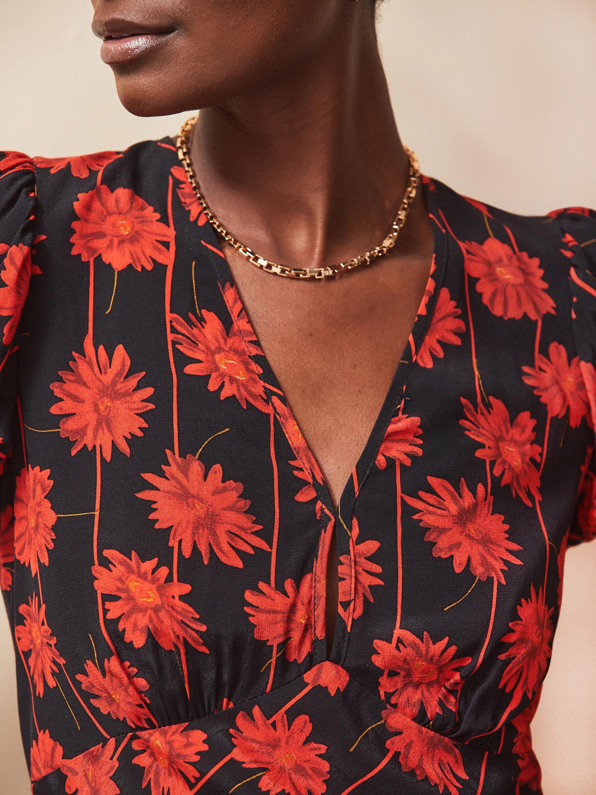 Red Rose Stripe V Neck Dress