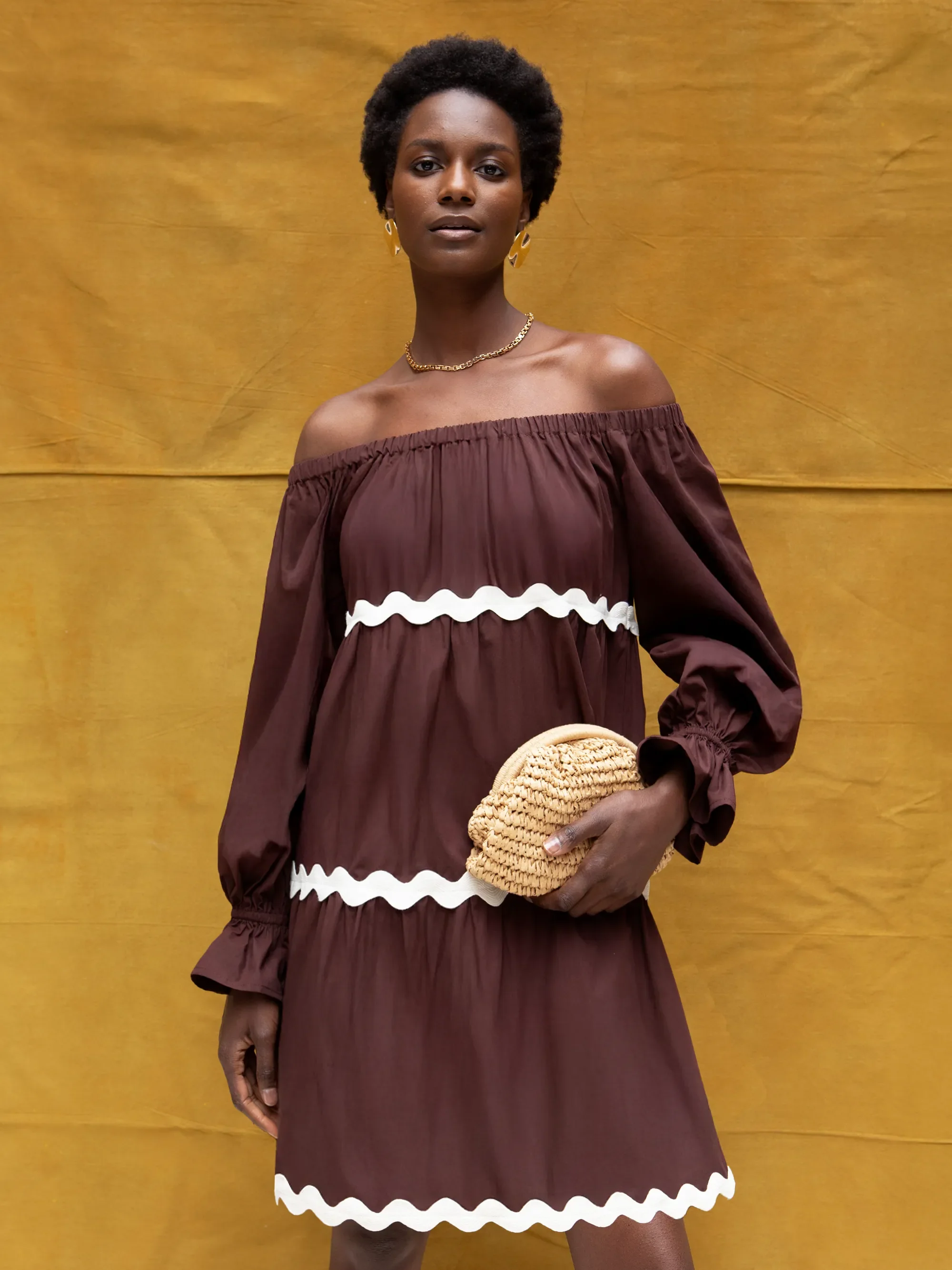 Brown Bardot Contrast Trim Dress